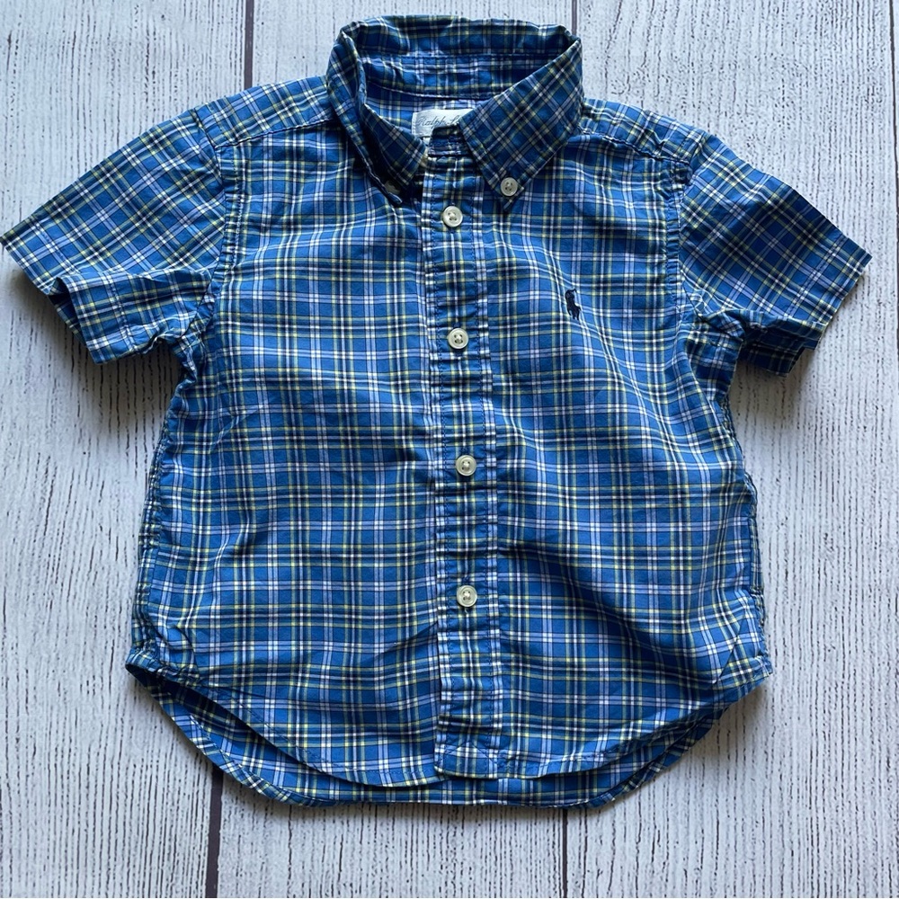 Ralph Lauren Blue Plaid Short Sleeve Button Down Size 12 months
